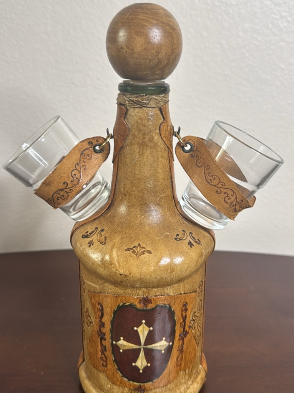 Decorative Brown Leather-Wrapped Decanter with Shot Glasses